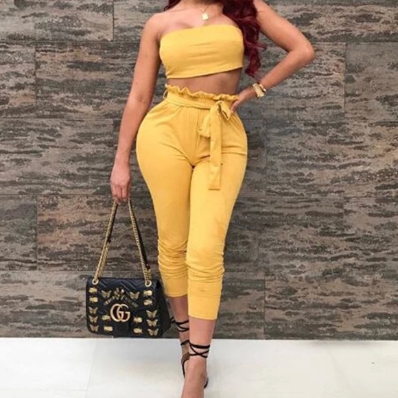 THEGEMUINE.COM Other - 🔴Two Piece Suede Yellow Crop Top Romper Jumpsuit